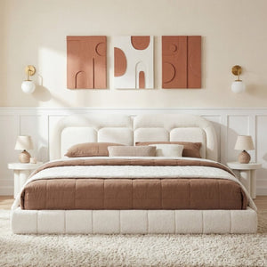 English Elm King Boucle Platform Bed Tufted Sculptural Headboard Solid Wood Slat Foundation N769K443253W