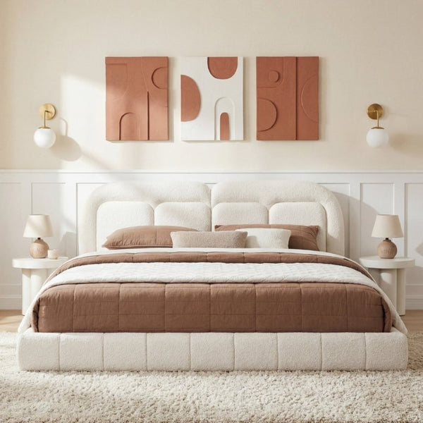 English Elm King Boucle Platform Bed Tufted Sculptural Headboard Solid Wood Slat Foundation N769K443253W