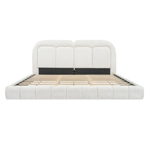 English Elm King Boucle Platform Bed Tufted Sculptural Headboard Solid Wood Slat Foundation N769K443253W