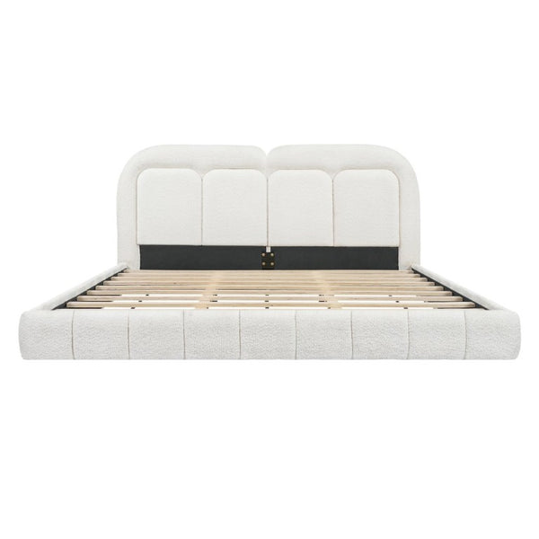 English Elm King Boucle Platform Bed Tufted Sculptural Headboard Solid Wood Slat Foundation N769K443253W