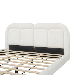 English Elm King Boucle Platform Bed Tufted Sculptural Headboard Solid Wood Slat Foundation N769K443253W