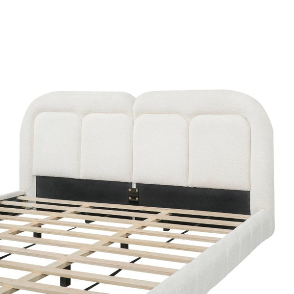English Elm King Boucle Platform Bed Tufted Sculptural Headboard Solid Wood Slat Foundation N769K443253W