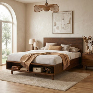 English Elm Walnut King Platform Bed Solid Rubberwood Frame Footboard Storage Low Profile N769K458326D