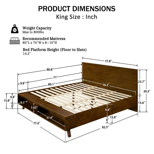 English Elm Walnut King Platform Bed Solid Rubberwood Frame Footboard Storage Low Profile N769K458326D