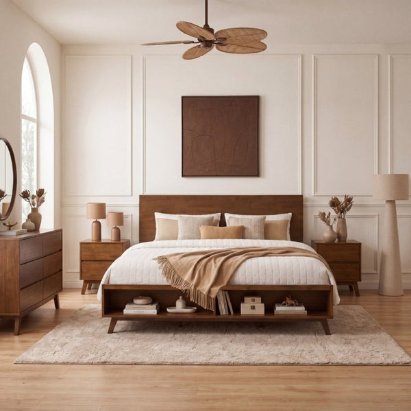 English Elm Walnut King Platform Bed Solid Rubberwood Frame Footboard Storage Low Profile N769K458326D