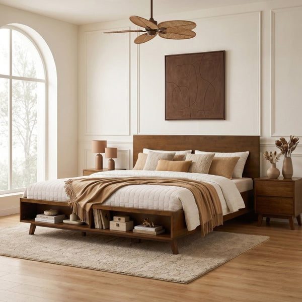 English Elm Walnut King Platform Bed Solid Rubberwood Frame Footboard Storage Low Profile N769K458326D