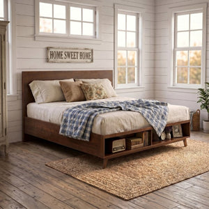 English Elm Walnut King Platform Bed Solid Rubberwood Frame Footboard Storage Low Profile N769K458326D