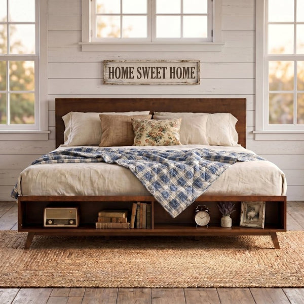 English Elm Walnut King Platform Bed Solid Rubberwood Frame Footboard Storage Low Profile N769K458326D
