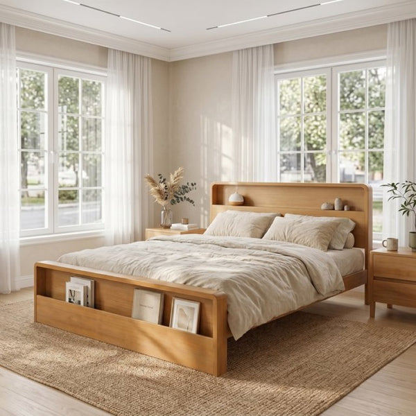 English Elm Solid Pine King Bed Frame with Built-In Headboard Shelf and Footboard Storage Cubby N769K461232N