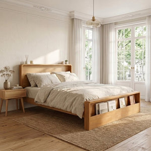 English Elm Solid Pine King Bed Frame with Built-In Headboard Shelf and Footboard Storage Cubby N769K461232N