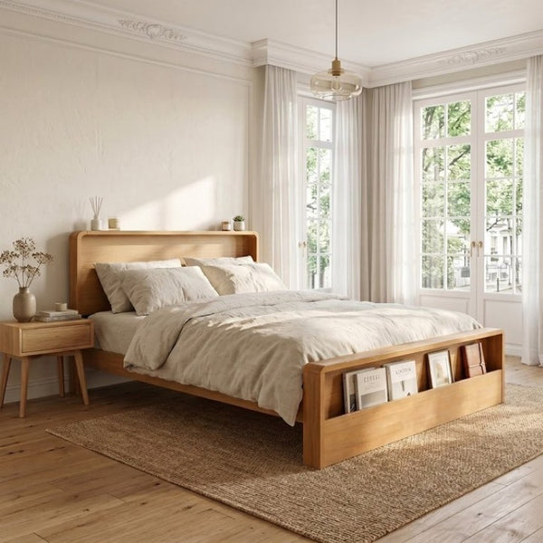 English Elm Solid Pine King Bed Frame with Built-In Headboard Shelf and Footboard Storage Cubby N769K461232N