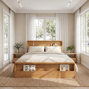 English Elm Solid Pine King Bed Frame with Built-In Headboard Shelf and Footboard Storage Cubby N769K461232N