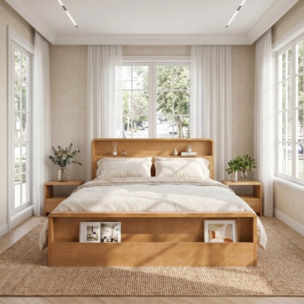 English Elm Solid Pine King Bed Frame with Built-In Headboard Shelf and Footboard Storage Cubby N769K461232N