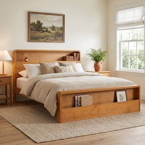 English Elm Solid Pine King Bed Frame with Built-In Headboard Shelf and Footboard Storage Cubby N769K461232N