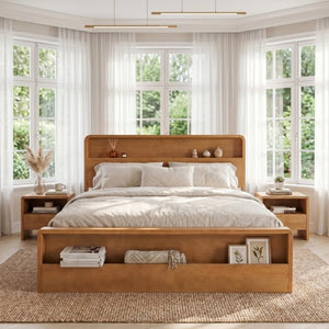 English Elm Solid Pine King Bed Frame with Built-In Headboard Shelf and Footboard Storage Cubby N769K461232N
