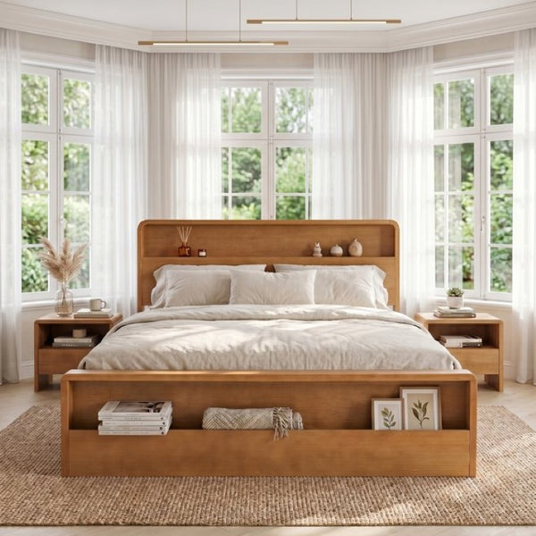 English Elm Solid Pine King Bed Frame with Built-In Headboard Shelf and Footboard Storage Cubby N769K461232N