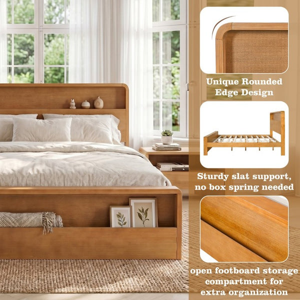 English Elm Solid Pine King Bed Frame with Built-In Headboard Shelf and Footboard Storage Cubby N769K461232N