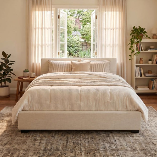 English Elm Elegant Upholstered King Bed Wide Edge Headboard Low Profile Architectural Bedroom Frame N769P294912K