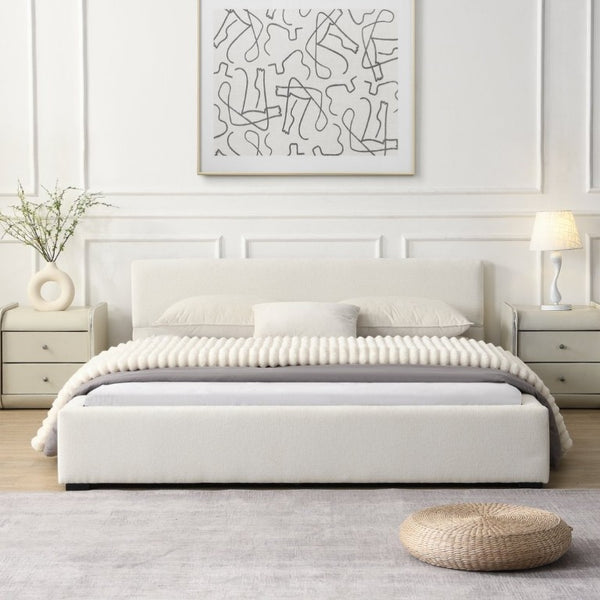 English Elm Elegant Queen Upholstered Bed Wide Panel Headboard Beige Fabric Scandinavian Frame N769P294931Q