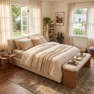 English Elm Elegant Queen Upholstered Bed Wide Panel Headboard Beige Fabric Scandinavian Frame N769P294931Q