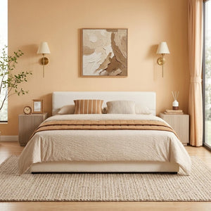 English Elm Elegant Queen Upholstered Bed Wide Panel Headboard Beige Fabric Scandinavian Frame N769P294931Q