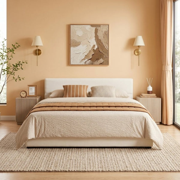 English Elm Elegant Queen Upholstered Bed Wide Panel Headboard Beige Fabric Scandinavian Frame N769P294931Q