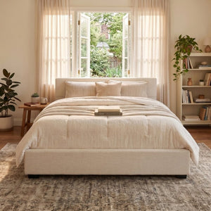 English Elm Elegant Queen Upholstered Bed Wide Panel Headboard Beige Fabric Scandinavian Frame N769P294931Q