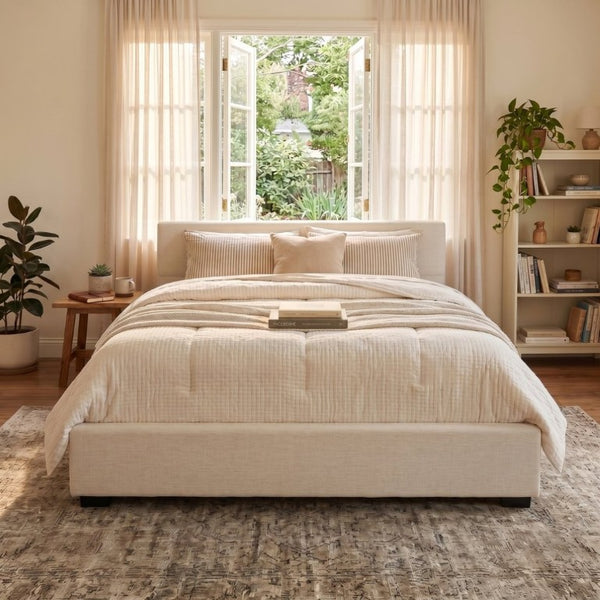 English Elm Elegant Queen Upholstered Bed Wide Panel Headboard Beige Fabric Scandinavian Frame N769P294931Q