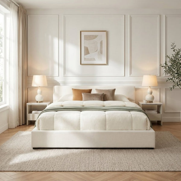 English Elm Elegant Queen Upholstered Bed Wide Panel Headboard Beige Fabric Scandinavian Frame N769P294931Q