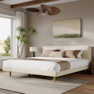 English Elm Beige Upholstered King Bed Chunky Headboard Rubberwood Legs 800lb Structural Support N769P362092B
