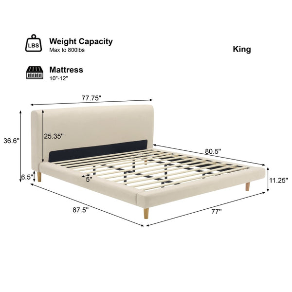 English Elm Beige Upholstered King Bed Chunky Headboard Rubberwood Legs 800lb Structural Support N769P362092B