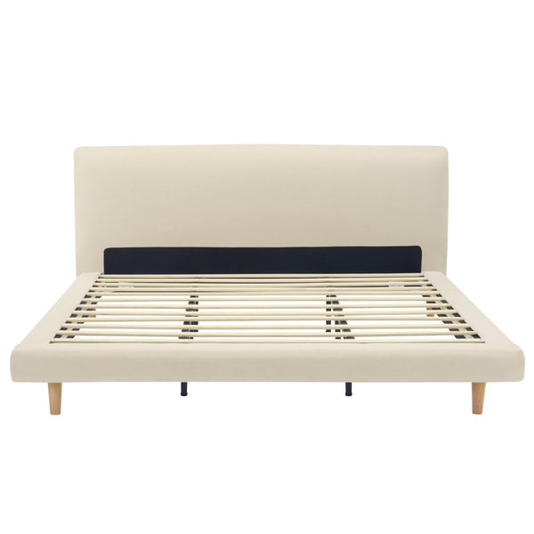 English Elm Beige Upholstered King Bed Chunky Headboard Rubberwood Legs 800lb Structural Support N769P362092B
