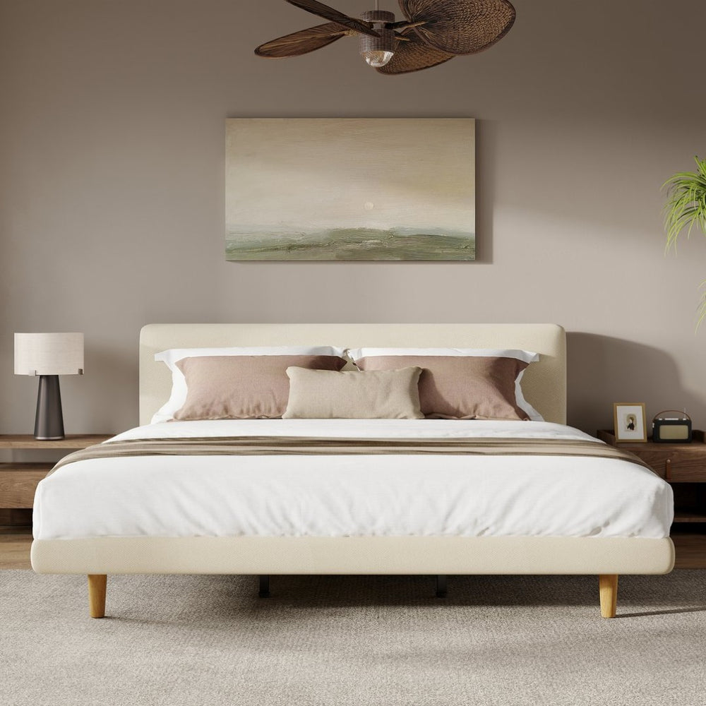 English Elm Beige Upholstered King Bed Chunky Headboard Rubberwood Legs 800lb Structural Support N769P362092B