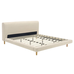 English Elm Beige Upholstered King Bed Chunky Headboard Rubberwood Legs 800lb Structural Support N769P362092B