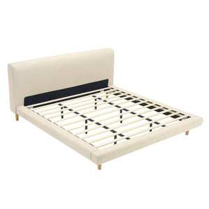 English Elm Beige Upholstered King Bed Chunky Headboard Rubberwood Legs 800lb Structural Support N769P362092B