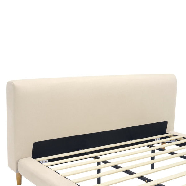 English Elm Beige Upholstered King Bed Chunky Headboard Rubberwood Legs 800lb Structural Support N769P362092B
