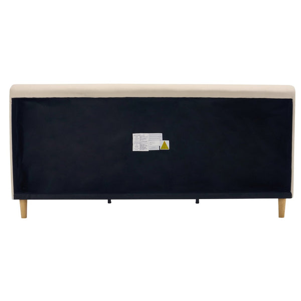 English Elm Beige Upholstered King Bed Chunky Headboard Rubberwood Legs 800lb Structural Support N769P362092B