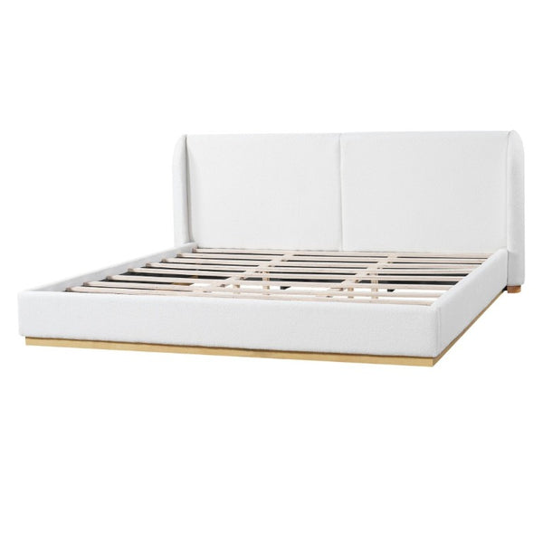 English Elm Modern Bouclé Upholstered King Bed Winged Headboard Enclosed Wood Base Sculptural Frame N769P376585K