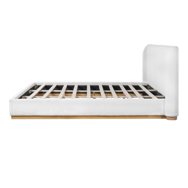 English Elm Modern Bouclé Upholstered King Bed Winged Headboard Enclosed Wood Base Sculptural Frame N769P376585K