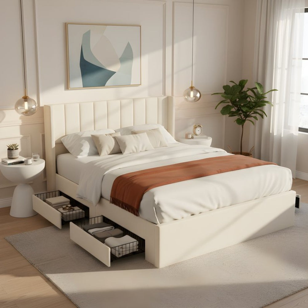 English Elm Large-capacity Queen Storage Bed Upholstered Frame with Four Drawers Striped Beige N769P385612B