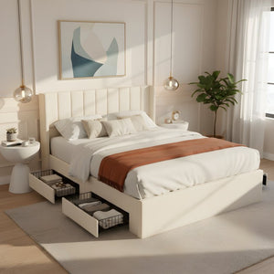English Elm Large-capacity Queen Storage Bed Upholstered Frame with Four Drawers Striped Beige N769P385612B