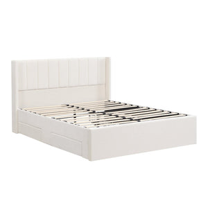 English Elm Large-capacity Queen Storage Bed Upholstered Frame with Four Drawers Striped Beige N769P385612B