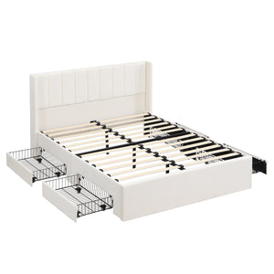 English Elm Large-capacity Queen Storage Bed Upholstered Frame with Four Drawers Striped Beige N769P385612B
