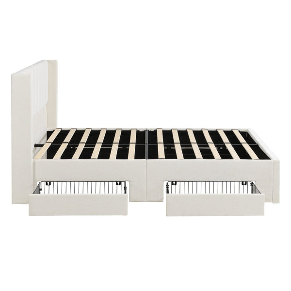 English Elm Large-capacity Queen Storage Bed Upholstered Frame with Four Drawers Striped Beige N769P385612B