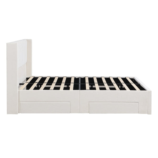 English Elm Large-capacity Queen Storage Bed Upholstered Frame with Four Drawers Striped Beige N769P385612B