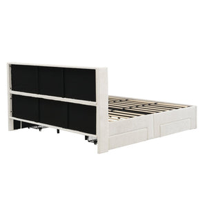 English Elm Large-capacity Queen Storage Bed Upholstered Frame with Four Drawers Striped Beige N769P385612B