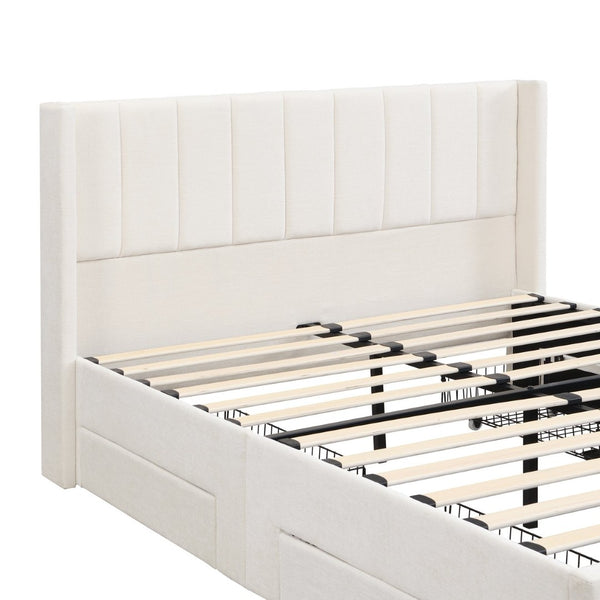 English Elm Large-capacity Queen Storage Bed Upholstered Frame with Four Drawers Striped Beige N769P385612B
