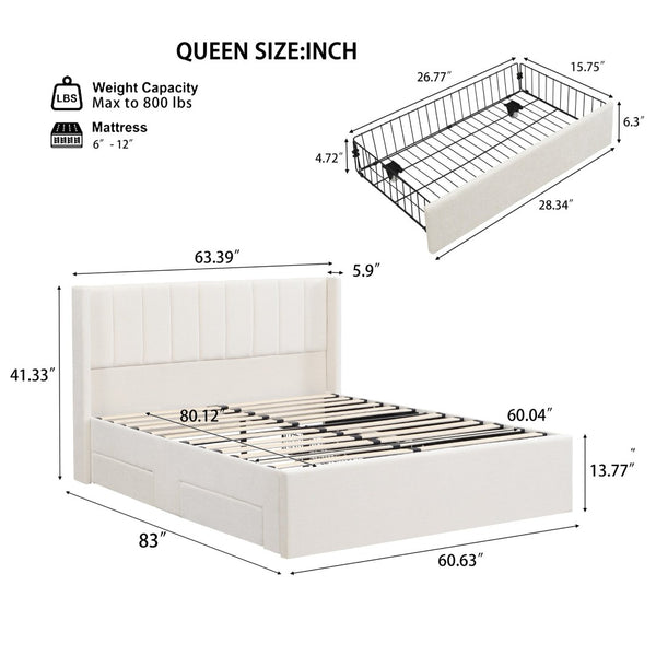 English Elm Large-capacity Queen Storage Bed Upholstered Frame with Four Drawers Striped Beige N769P385612B