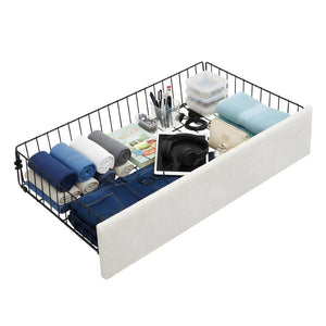 English Elm Large-capacity Queen Storage Bed Upholstered Frame with Four Drawers Striped Beige N769P385612B
