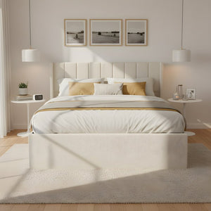 English Elm Large-capacity Queen Storage Bed Upholstered Frame with Four Drawers Striped Beige N769P385612B